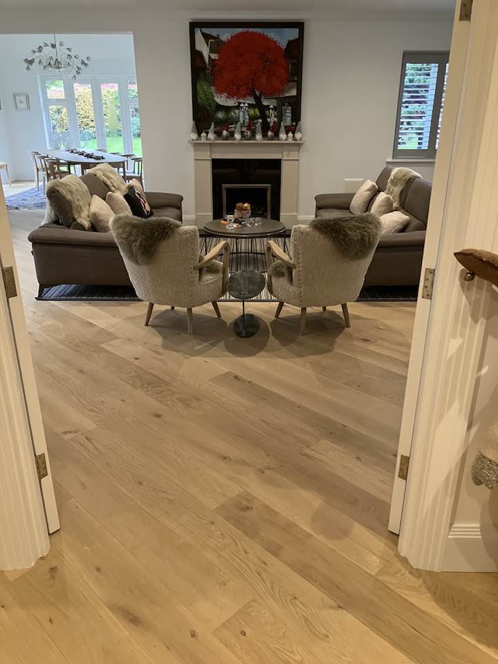 V4 wood flooring - engineered oak. Lacquered.  Installed by Pembroke Floors in Sunningdale.